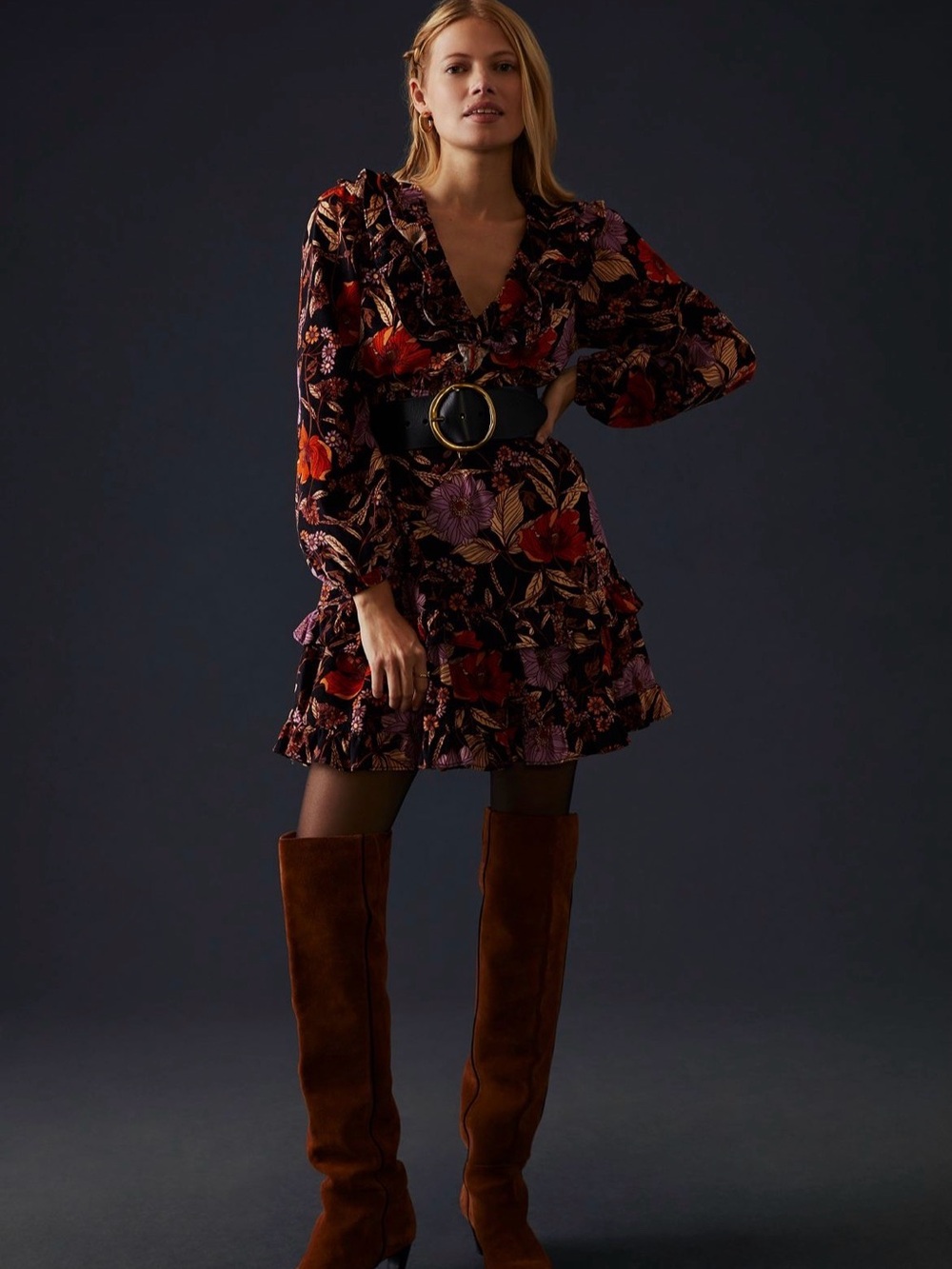 Pilcro Tiered Corduroy Dress | V-Neck Mini Dress in Black with Floral Print